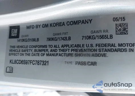 2015 Chevrolet Spark 1Lt Cvt z USA, uszkodzony, nr VIN KL8CD6S97FC787321